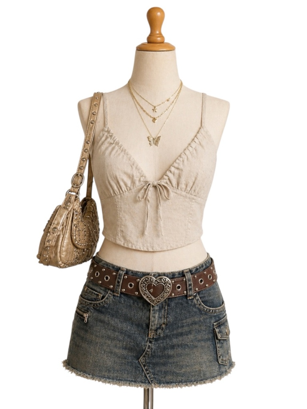 Womens Y2K Babydoll Cropped Tank Top Cami Medium Linen Neutral Coquette Boho